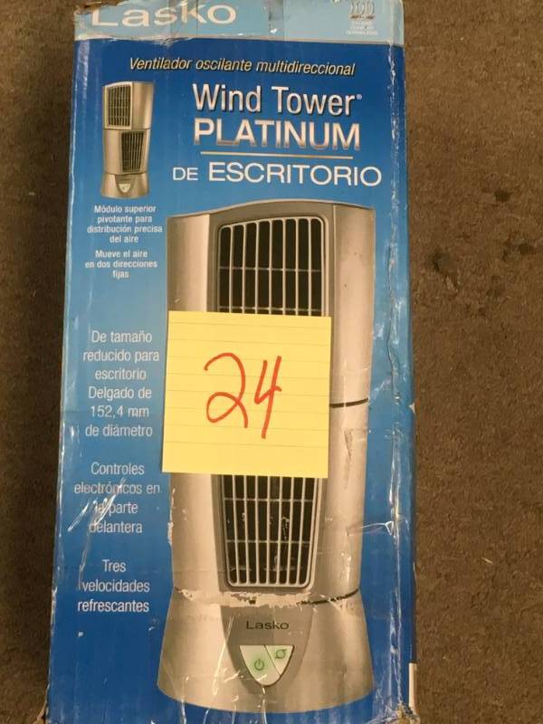 lot 24 image: Lasko Desktop Wind Tower Fan in Platinum open box in like new condition