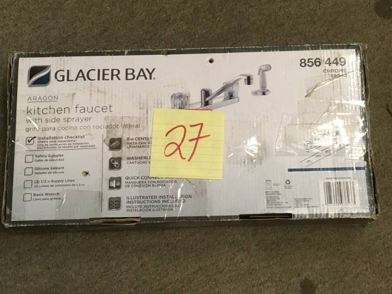 lot 27 image: Glacier Bay Aragon 2-Handle Standard Kitchen Faucet in Chrome with White Side Sprayer open box in like new condition
