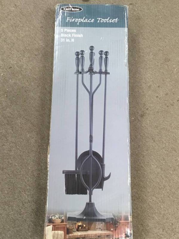 lot 30 image: UniFlame Black 5-Piece Fireplace Tool Set with Ball Handles open box in like new condition