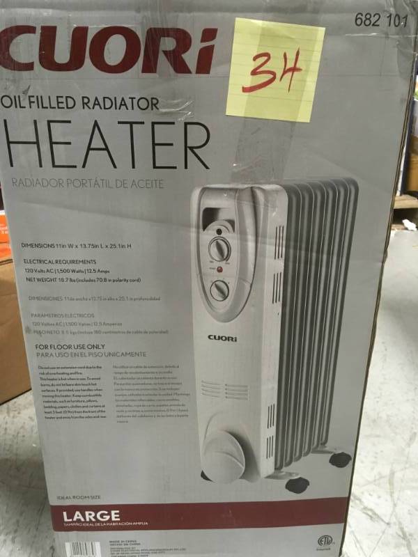 lot 34 image: 1500-Watt Electric Oil-Filled Radiant Portable Heater - Grey open box in like new condition