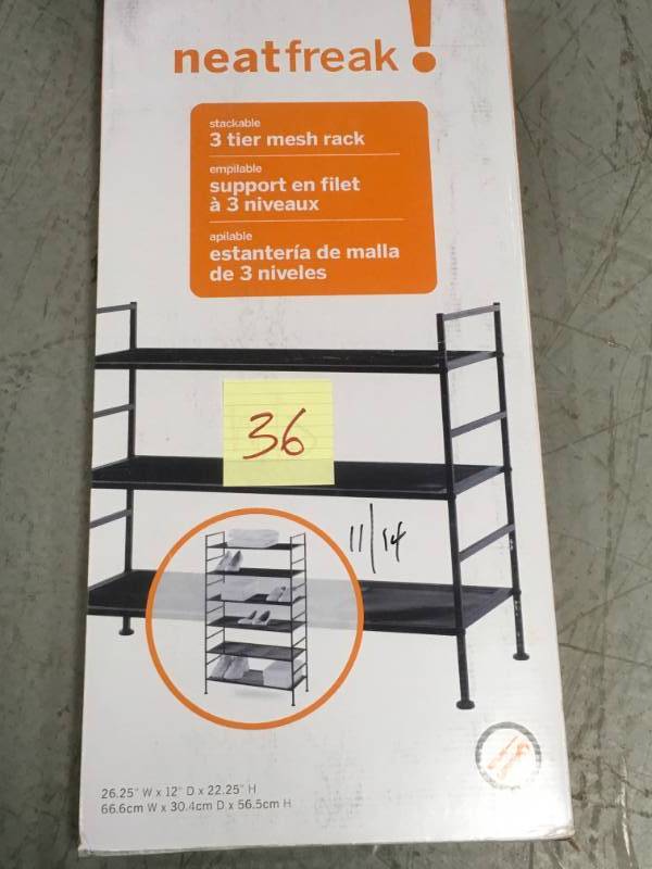 lot 36 image: Seville Classics 3-Tier 9-Pair Mesh Utility Shoe Organizer in Bronze open box in like new condition