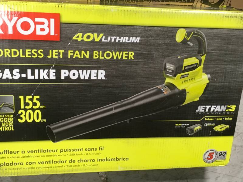 lot 42 image: Ryobi 155 MPH 300 CFM 40-Volt Lithium-Ion Cordless Jet Fan Blower - 2.6 Ah Battery and Charger Included open box in like new condition