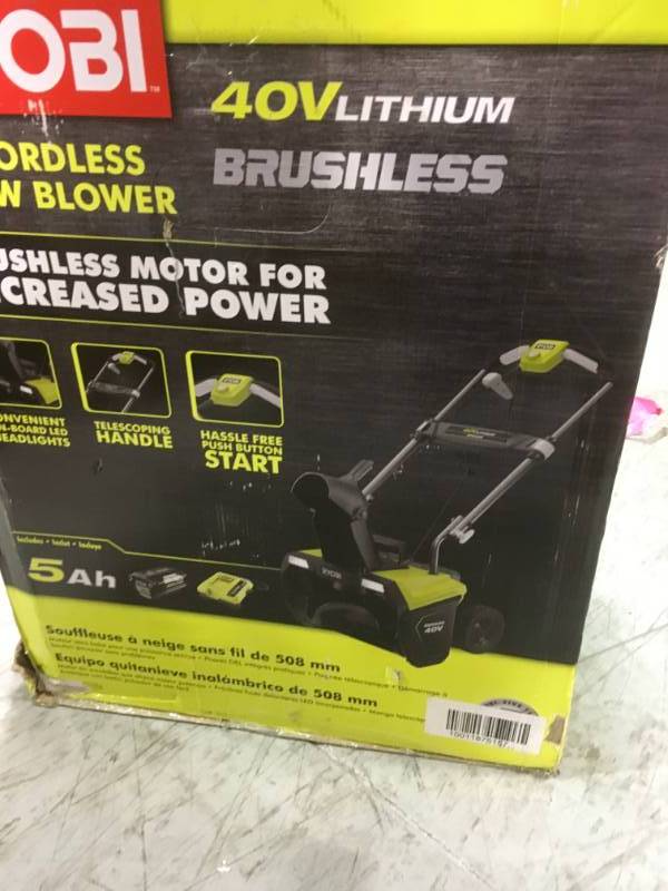 lot 50 image: Ryobi 20 in. 40-Volt Brushless Cordless Electric Snow Blower with 5.0 Ah Battery and Charger Included open box in like new condition