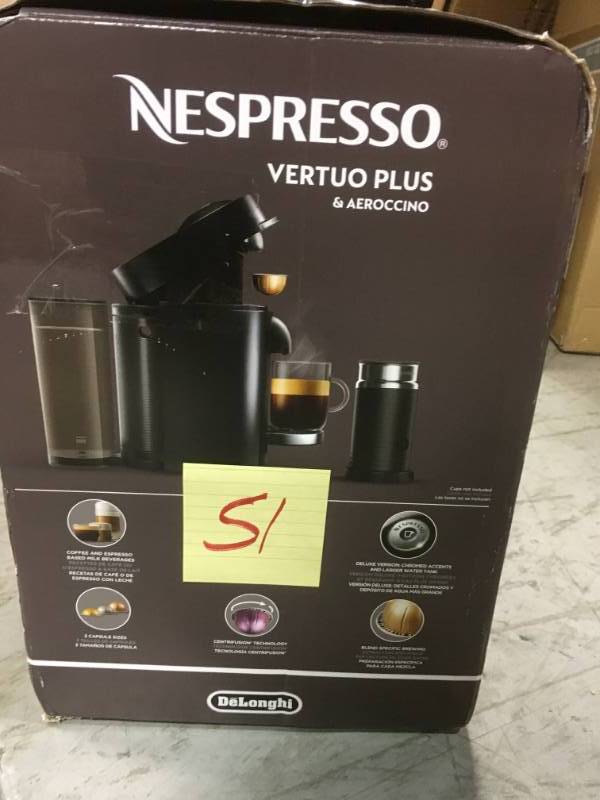 lot 51 image: DeLonghi Nespresso Vertuo Plus Deluxe Single Serve Coffee and Espresso Machine by DeLonghi with Aeroccino in Black USED in working condition