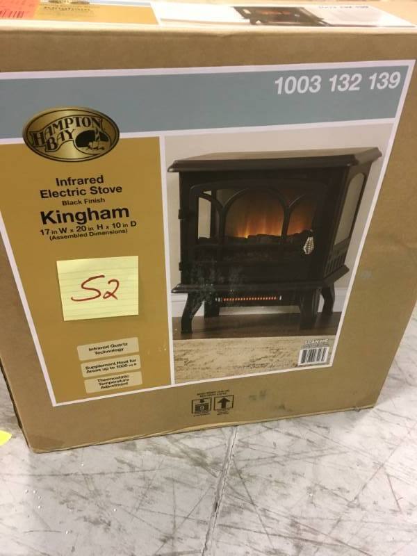 lot 52 image: Hampton Bay Kingham 1,000 sq. ft. Panoramic Infrared Electric Stove in Black with Electronic Thermostat open box in like new condition
