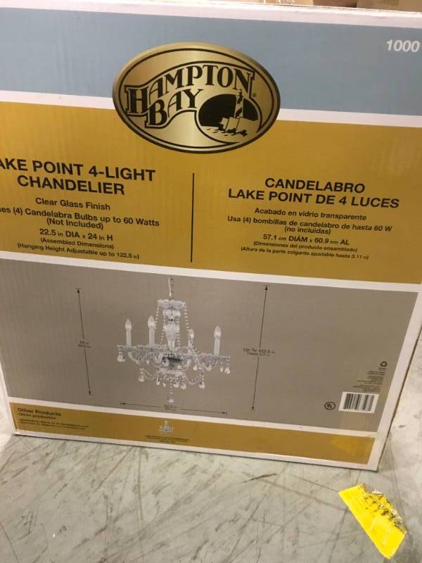 lot 57 image: Hampton Bay Lake Point 4-Light Chrome and Clear Crystal Chandelier not used