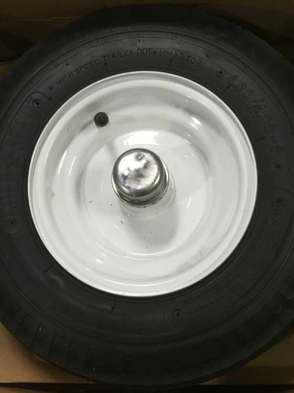 lot 58 image: Kenda Loadstar 8Inch Bias-Ply Trailer Tire and Wheel Assembly with Integral Hub - 15 x 4.80 x 8, 1-Hole, Load Range A, Model HS408B-1I(A) open box in like new condition