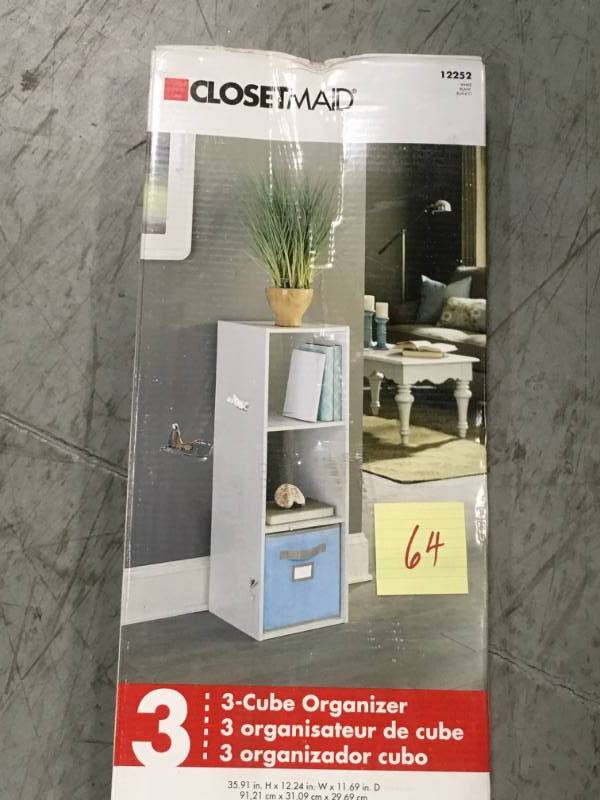 lot 64 image: ClosetMaid 12 in. W x 36 in. H White Stackable 3-Cube Organizer open box in like new condition
