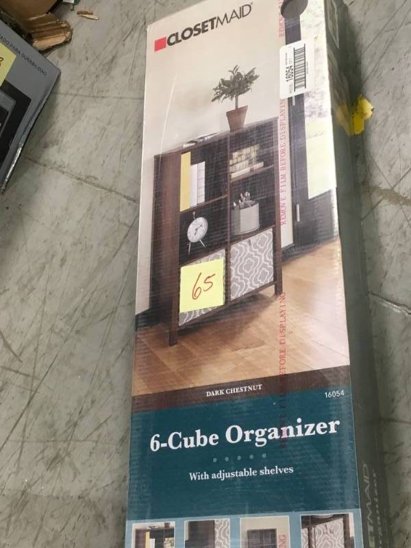 lot 65 image: ClosetMaid 26 in. W x 38 in. H Dark Chestnut 6-Cube Organizer open box in like new condition