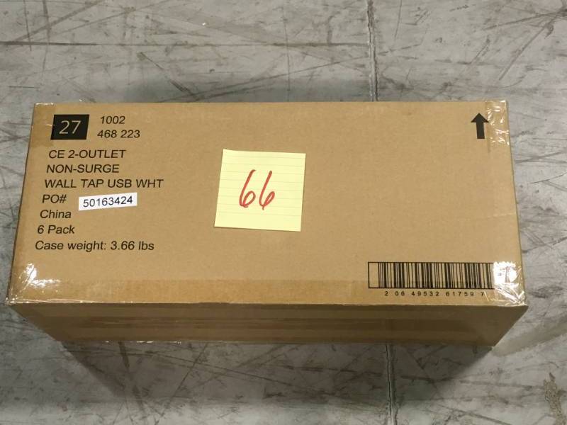 lot 66 image: Commercial Electric 4.2 Amp 2-Outlet 2-USB Wall Tap Power Station, White CASE 6 PACK not used