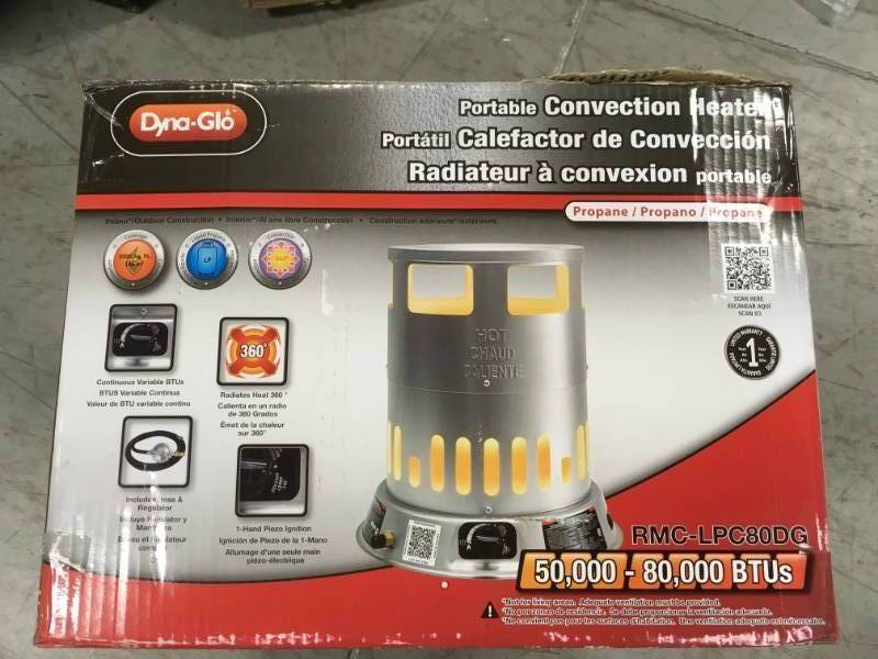 lot 67 image: Dyna-Glo 50K - 80K BTU LP Convection Heater open box in like new condition