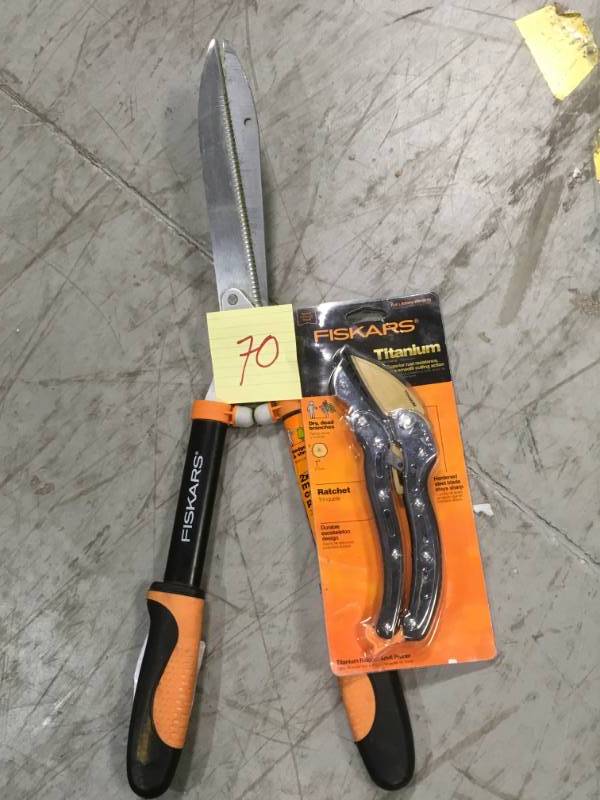 lot 70 image: LOT (1) Fiskars 1 in. Cut Capacity, Hardened Steel Titanium Blade, Ratcheting Anvil Hand Pruner & (2) Fiskars 10 in. Power-Lever GripEase Hedge Shears