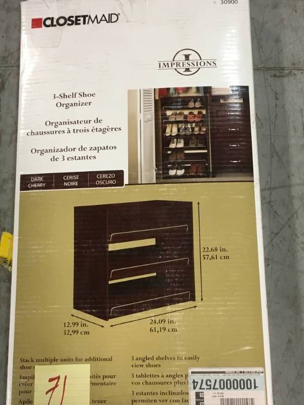 lot 71 image: ClosetMaid Impressions 3-Shelf Shoe Organizer in Dark Cherry not used