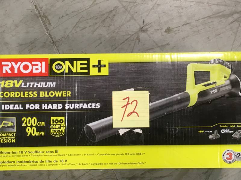 lot 72 image: Ryobi ONE 90 MPH 200 CFM 18-Volt Lithium-Ion Cordless Leaf Blower - 2.0 Ah Battery and Charger Included open box in like new condition