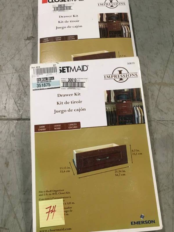 lot 74 image: ClosetMaid Impressions 21.54 in. x 8.7 in. Dark Cherry Standard Wood Drawer Kit not used
