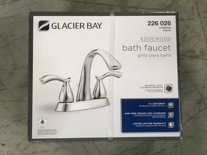 lot 77 image: Glacier Bay Edgewood 4 in. Centerset 2-Handle High-Arc Bathroom Faucet in Chrome open box in like new condition