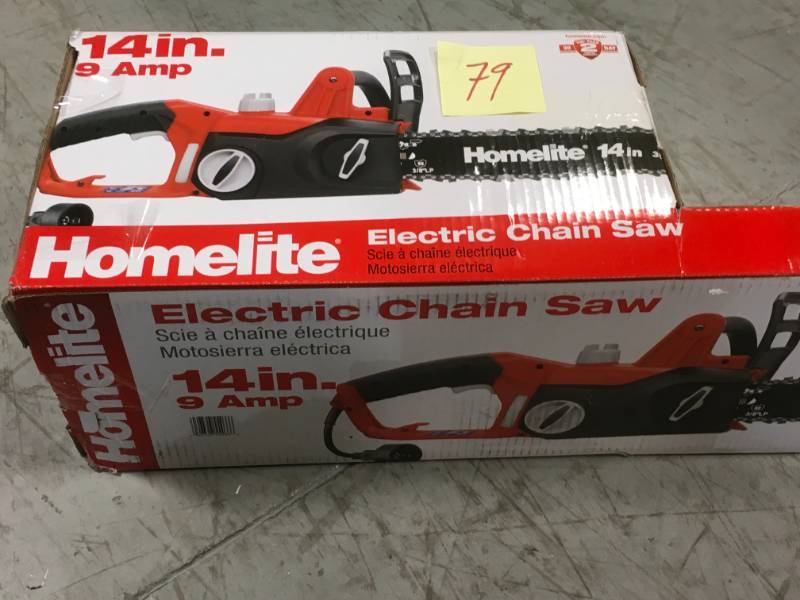 lot 79 image: Homelite 14 in. 9 Amp Electric Chainsaw open box in like new condition