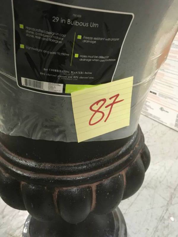 lot 87 image: 29 in. H in Aged Charcoal Stone Bulbous Urn not used