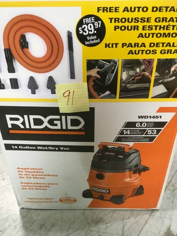 lot 91 image: RIDGID 14 Gal. 6.0-Peak HP Wet Dry Vac with Auto Detail Kit open box in like new condition