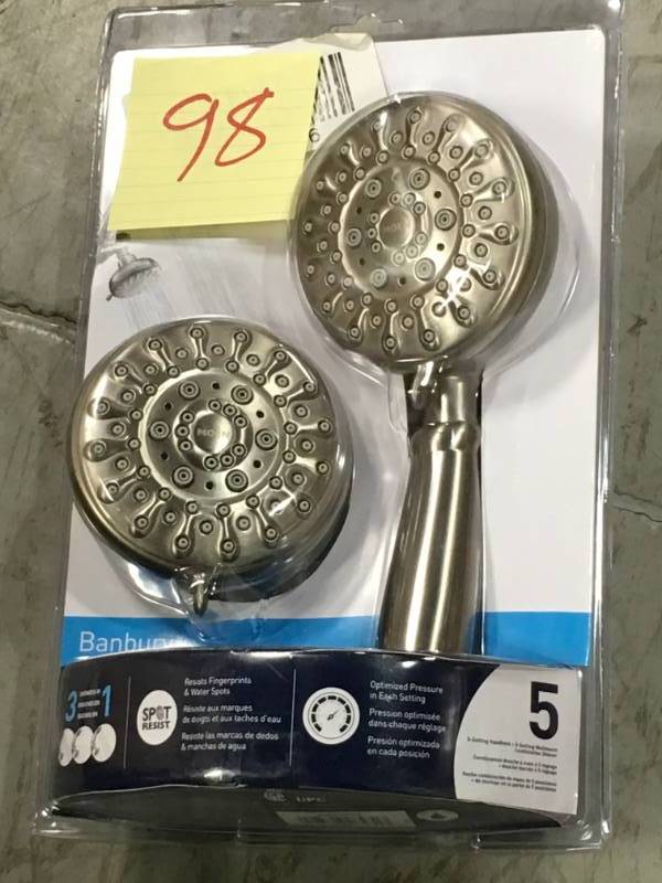 lot 98 image: MOEN Banbury 5-Spray 1.75 GPM Handshower and Showerhead Combo Kit in Spot Resist Brushed Nickel open box in like new condition