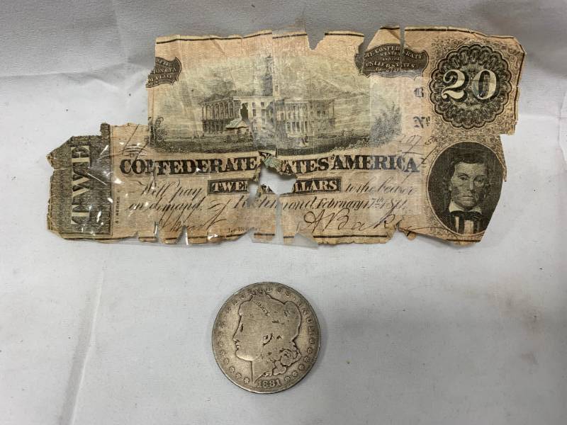 lot 87 image: 1881 Morgan Silver Dollar & 1864 $20 Bill