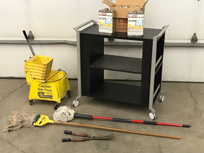 lot 11 image: Warehouse Cart, Mop Bucket, Spray Adhesive, Etc