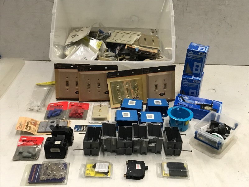 lot 87 image: Tote Of Assorted Electrical Supplies  Shop Supplies  Etc