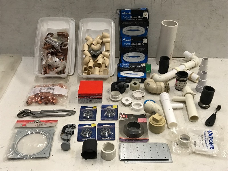 lot 88 image: Tote Of Assorted Copper & PVC  Plumbing Supplies Etc