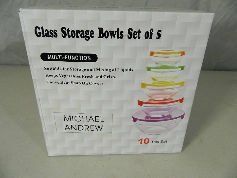 lot 28 image: New 10 Pc Glass Bowl Set with Colored Lids