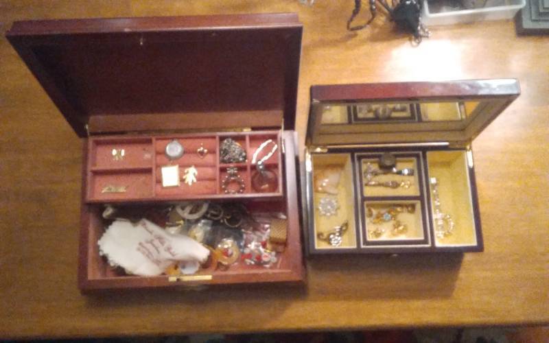2-Jewelry Boxes With Contents Charms, Rings, Pins, Medals, Tokens