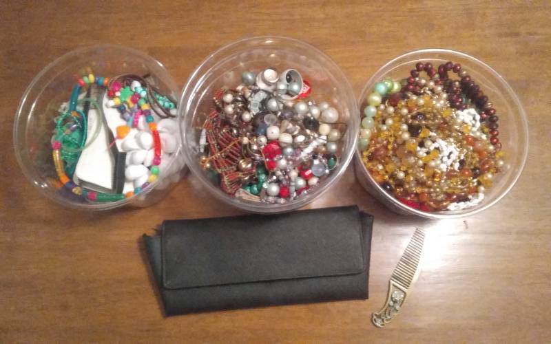 3-Bins Of Beads, Jewelry Parts, Fancy Comb, Purse