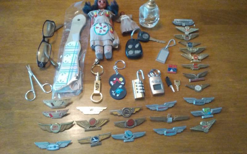 Collection Of Airline Wings, Souvenir Pins (Some Metal), Carlson Dolls-Blackfeet Princess, Key Fobs, Hillary Duff-With Love Perfume