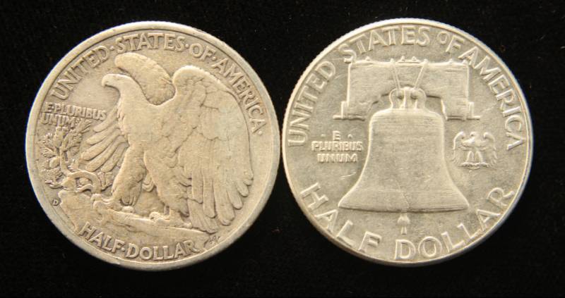 2 SILVER HALF DOLLARS 1942-D WALKING LIBERTY 1963 FRANKLIN