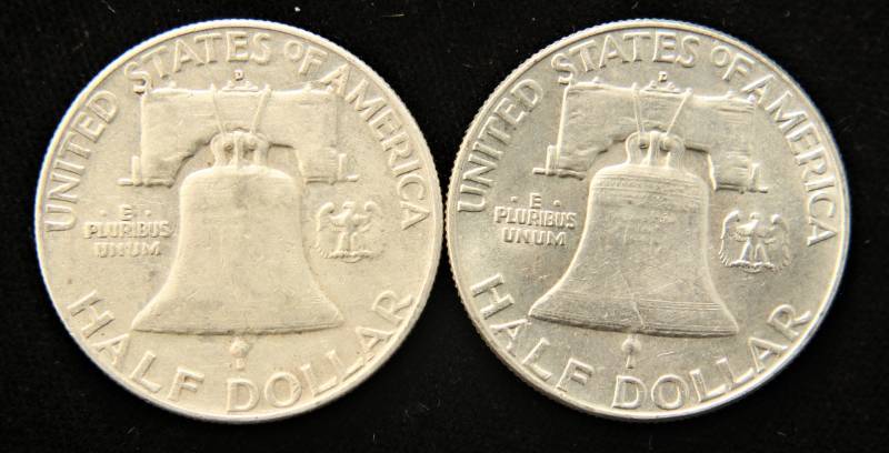 2 FRANKLIN SILVER HALF DOLLARS 1954-D 1963-D