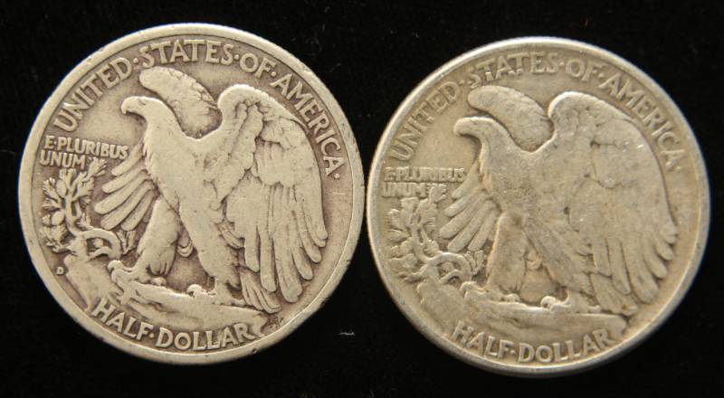 2 WALKING LIBERTY SILVER HALF DOLLARS 1944-D 1945