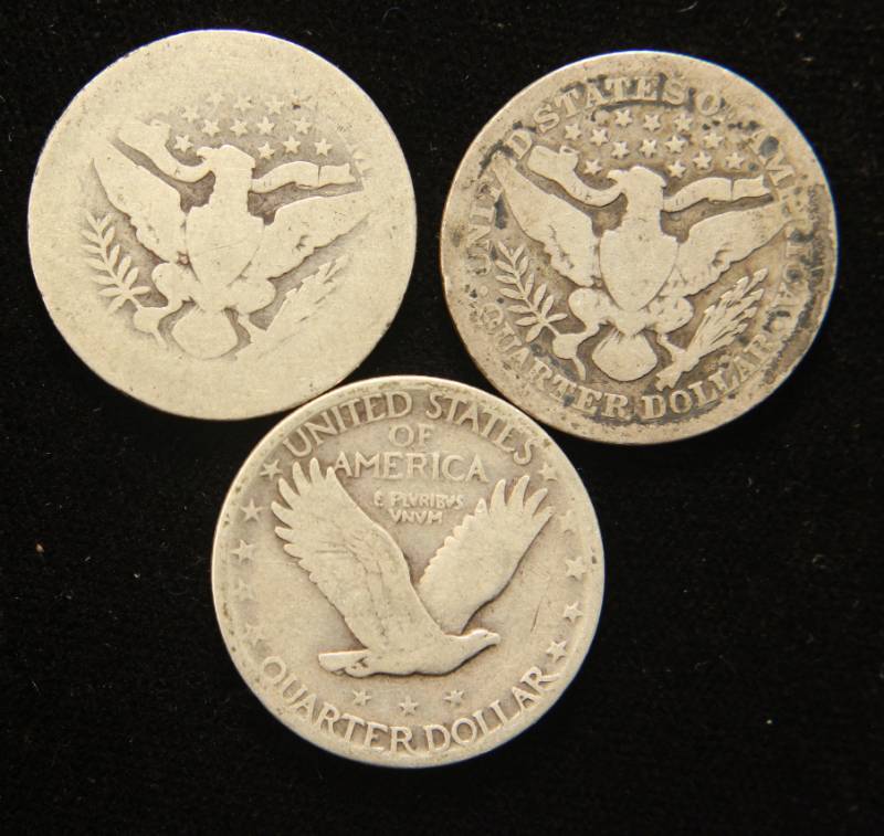 3 SILVER QUARTERS 1901 1902 BARBER 1930 STANDING LIBERTY