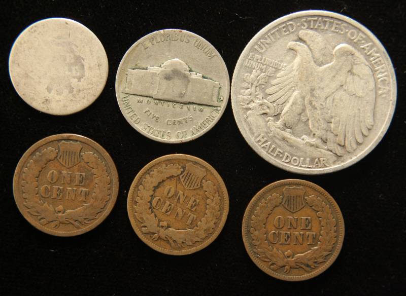 6 COINS 1945-S 50C 1886 10C 1939-S 5C 1892 1905 1906 INDIAN HEAD CENTS