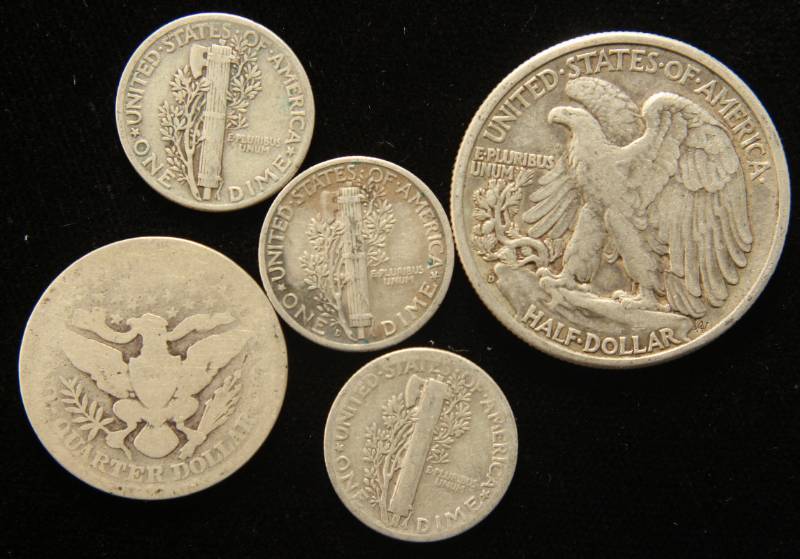5 COINS 1941-D 50C 1899 25C 1941 1944 1944-D 10C