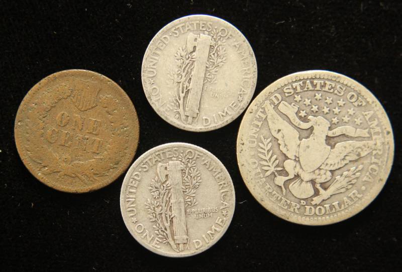 4 COINS 1874 INDIAN HEAD CENT, 1916-D 25C 1940-S 1942 MERCURY 10C
