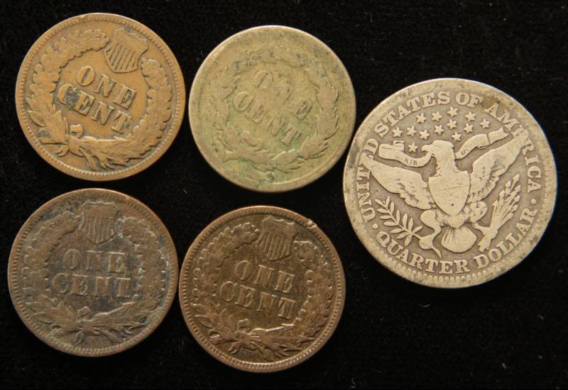 5 COINS 1904 BARBER QUARTER 1859 1900 1901 1905 INDIAN HEAD CENTS