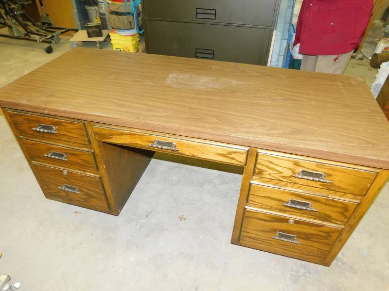 Seven Drawer Oak Desk With Formica Top