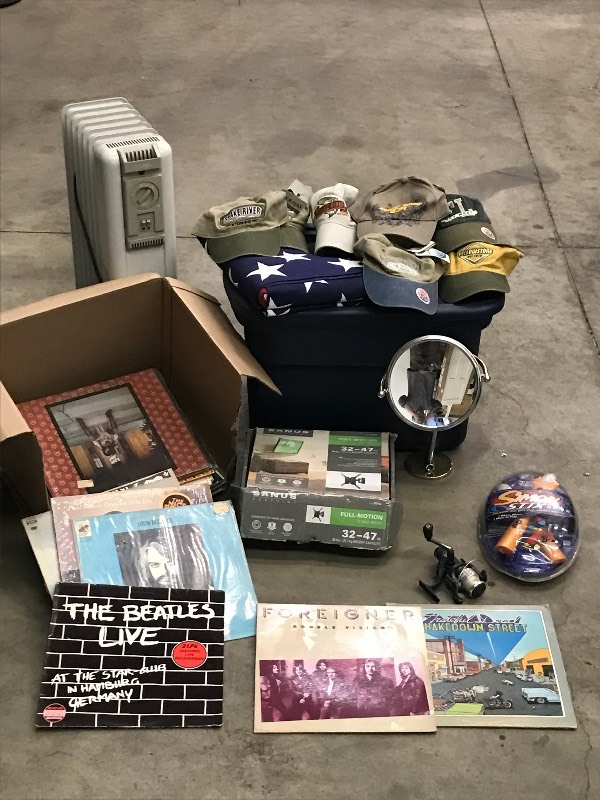 lot 18 image: Radiant Heater, Vintage Records, T.V. Mount, Hats, Etc
