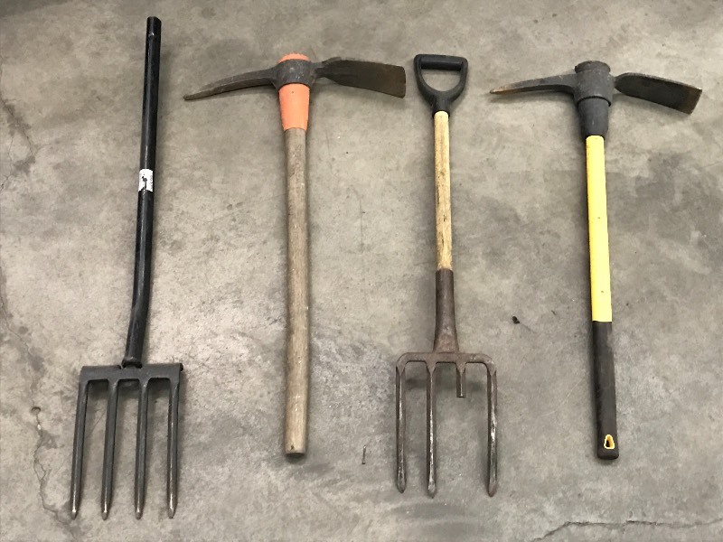 lot 63 image: (2) Pick Axes & (2) Pitch Forks