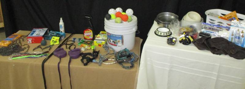 lot 9 image: Huge lot of Dog Toys, Clothes, Leashes, Frontline packs un opened, Dog Shaver, Airtight Pet food Container full, urine gone and more