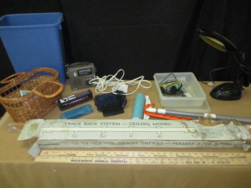 lot 24 image: Track Rack System, Yard Stick, Shoe Horn, Lamp, Radio, L.L Bean Clock