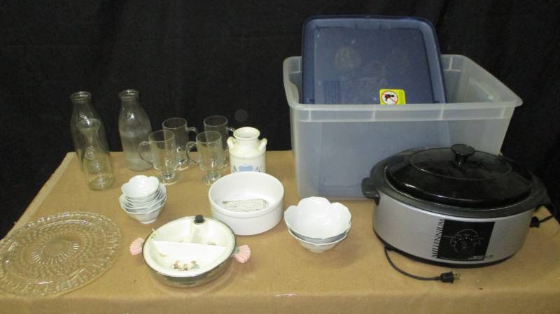 lot 26 image: Antique Baby dish, Roaster nice, milk bottles, Hot cold glasses and more