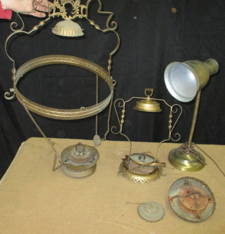 lot 54 image: Antique Metal Chandeliers and Lamp need some work but very interesting