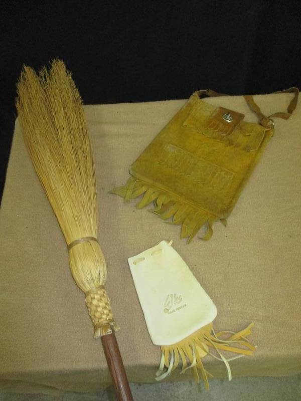 lot 65 image: Two leather bags and dusting broom