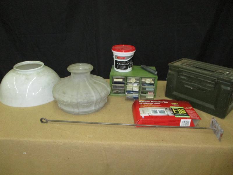 lot 69 image: Old Lamp Shades, Army Ammo Box, Lots of needels and more