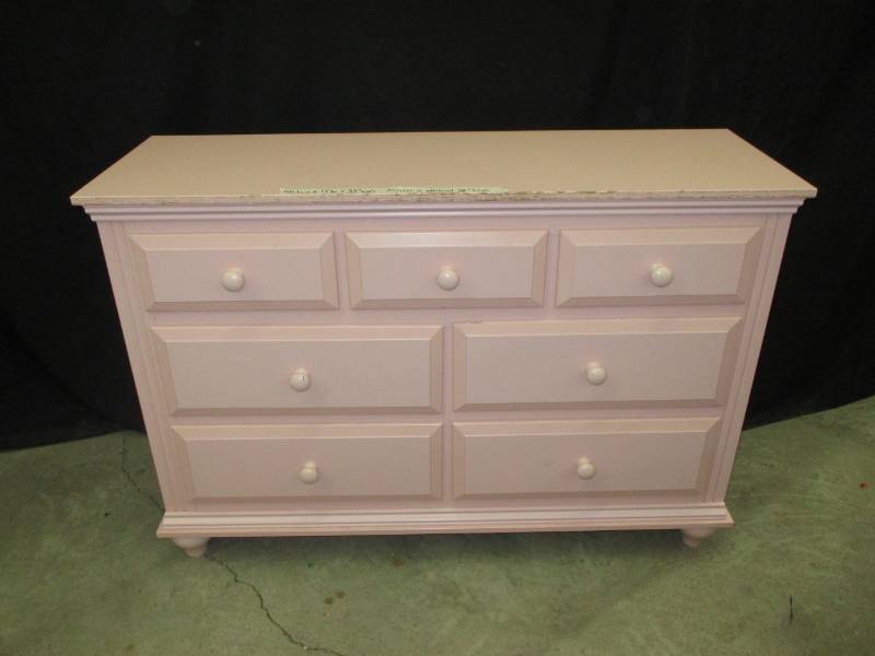 lot 121 image: Long dresser with mirror, cool mirror with spots to put notes and dresser is 4ft long, 17 wx 33 high